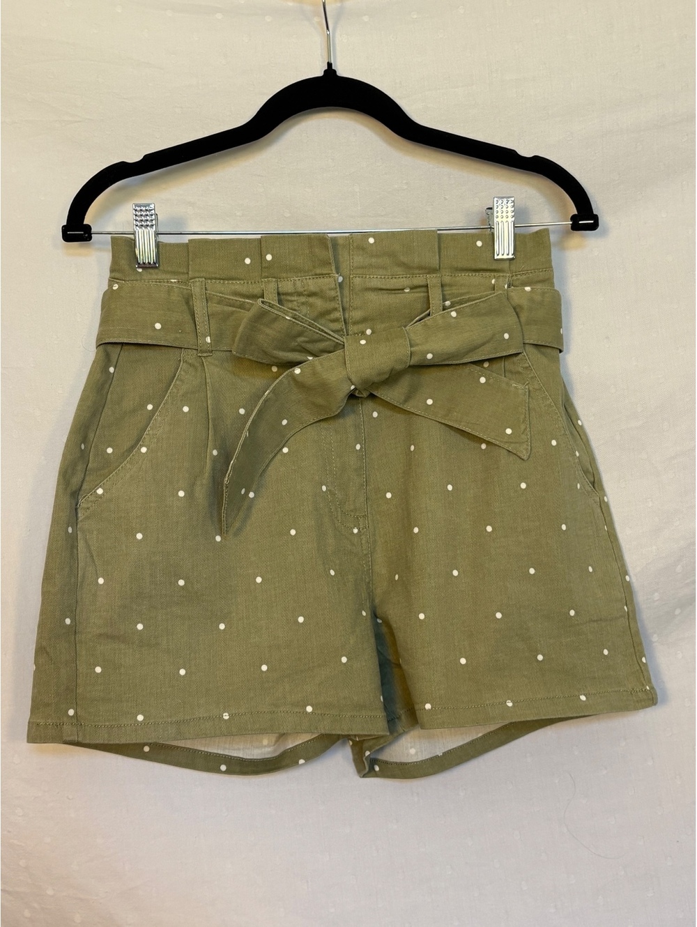 MINE Olive Green Polka Dot Paperbag Waist Shorts with Belt. New w/some tags.